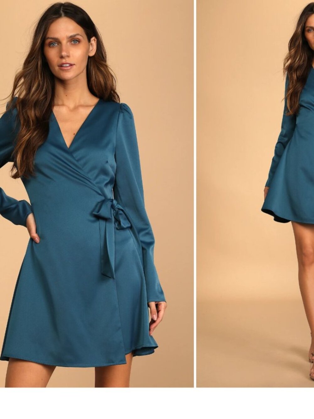 Lulus Festive Forever Teal Blue Satin Long Sleeve Wrap Mini Dress Size XL